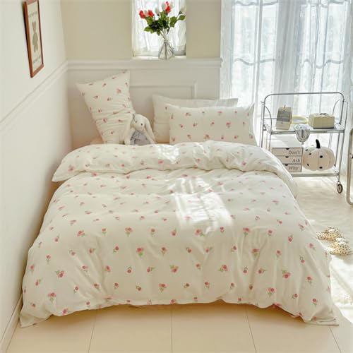Image of Nayoroom Pink Floral Duvet Cover Twin Size Cute Tulip Printed on White Comforter Cover 2Pcs Kids Girls Kawaii Cottagecore Bedding Set with Zipper Closure Soft Breathable Microfiber