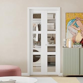 BARNER HOME Bifold Door, 3-lite Clear Glass Closet Door for 36"x 80" Opening, Folding Doors with Hardware Kits, MDF, White Multifold Interior Doors