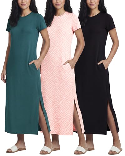 Image of Real Essentials 3 Pack Women's Casual Short Sleeve Maxi T-Shirt Dress with Slit (Available in Plus Size)