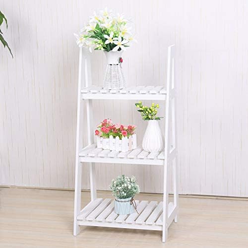 [Unfoldable and Waterproof]BigTree 3 Tier White Ladder Shelf Bookcase Display Unit Storage Stand Flower Plant Stand-Wood Plastic Board