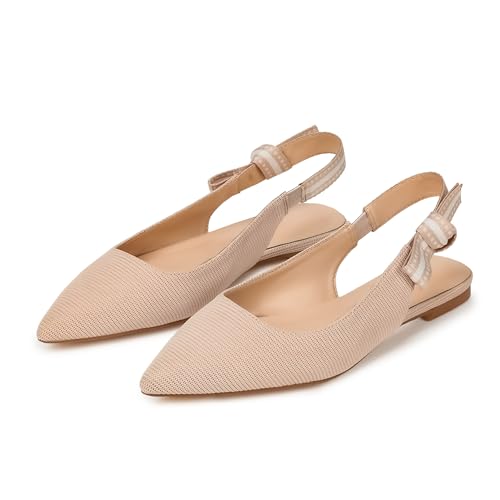 Mattiventon Slingback Flats for Women Slip On Ballet Flats Shoes Comfortable Pointed Toe Knit Flats with Bow Casual Work Office Shoes for 2025 Apricot