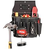FESA Leather Electrician Tool Pouch - 13-in-1 Top Grain Leather Electrician Pouch w/Steel Hammer Loop, Tape Measure Clip, Tape T-Chain & 6 Pockets - Fits Belts up to 3' - Handcrafted (Black)
