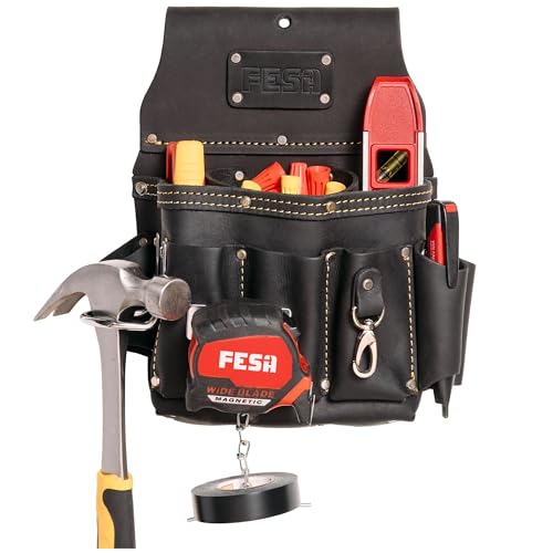 FESA Leather Electrician Tool Pouch - 13-in-1 Top Grain Leather Electrician Pouch w/Steel Hammer Loop, Tape Measure Clip, Tape T-Chain & 6 Pockets - Fits Belts up to 3" - Handcrafted (Black)