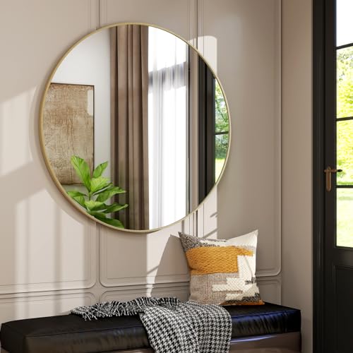 42 Inch Round Bathroom Mirror - Gold Wall Mounted Circle Mirror with Metal Frame, Modern Round Hanging Mirror Suitable for Bathroom, Vanity, Entryway, Living Room