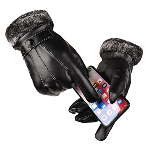 Gants d'hiver en cuir pour homme coupe-vent et tactiles noirs