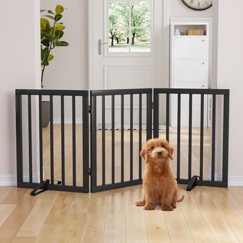 Semiocthome Freistehendes Bambus-Hundegitter für Türen, 3-teilige Welpentore für das Haus mit 2 Metallständern, 61 cm hoch, zusammenklappbares Haustiergitter für Treppen, erweiterbar bis zu 140 cm