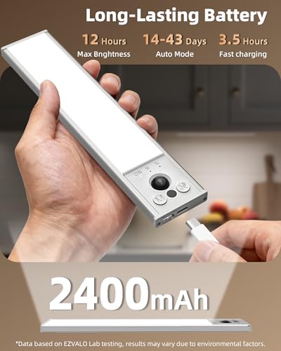 Image of EZVALO 4-Pack Under Cabinet Lights, 2400mAh Rechargeable Motion Sensor Light Indoor, Wireless Closet Lights, with 3 Color Temps, Dimmable, Magnetic, Under Counter Lights for Kitchen, Stairs (8-inch)