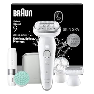 Braun Silk·épil 9 SkinSpa Epilator, All-in-One Set, Electric Hair Remover with Pivoting Head, Wet & Dry Lady Shaver, with Exfoliation Brush, Massage Pad and Grooming Attachments, Silver 9-381