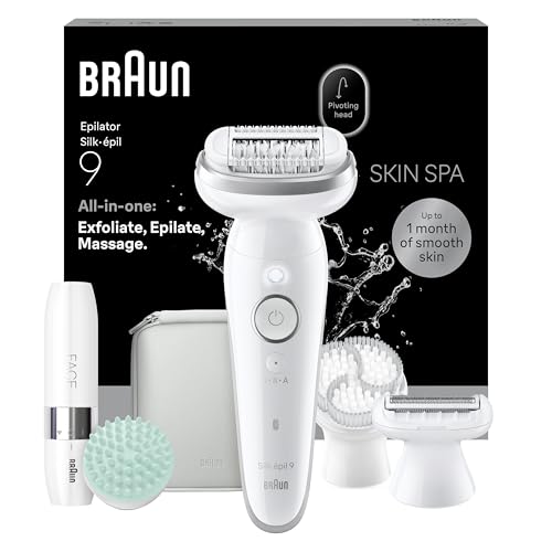 Braun Silk·épil 9 SkinSpa Epilator, All-in-One Set, Electric Hair Remover with Pivoting Head, Wet & Dry Lady Shaver, with Exfoliation Brush, Massage Pad and Grooming Attachments, Silver 9-381