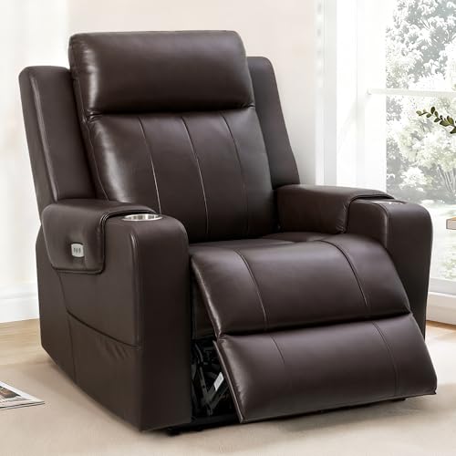 FLEXISPOT Truffle Genuine Leather Power Recliner w/ 1.2" Wall-Hugger Clearance, Electric Zero-Wall RV Recliner w/Adjustable Headrest, Massage & Heat, Home Theater Sofa, FSC-Certified, Chocolate