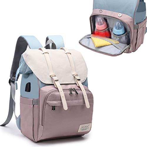 Diaper Bag Backpack,with Fast Bottle Warmer,Travel Baby Bags for Mom and Dad Maternity Diaper Bag for Girls, Large Capacity Waterproof Bag with USB Charging Port,Purple Blue