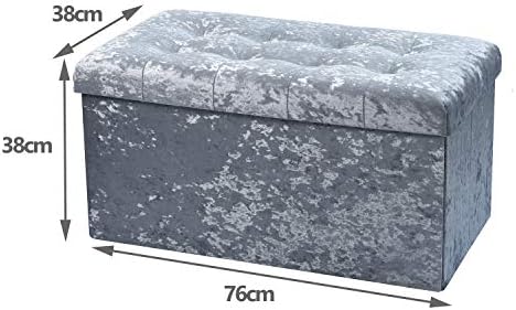 Large Fold Flat Ottoman Storage - Silver Velvet Velour Finish - Extra Thick Comfortable Padded Seat - 76cm (L) x 38cm (W) x 38cm (H)