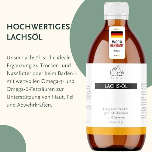 Lachsöl 1000ml für Hunde und Katzen - Von Tom & Leo – Lachsöl mit Omega 3-6-9, Ideal für Barf, Haut & Fell, Premium Fischöl für Hunde