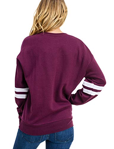 esstive Women's Ultra Soft Fleece Lightweight Casual Stripe on Sleeves Varsity Solid Sweatshirt, Plum, Large
