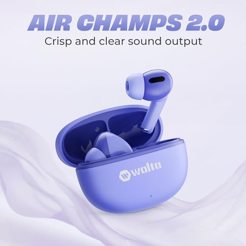 Image of Walta Air Champs 2.0 Wireless Earbuds Bluetooth 5.4, Noise Reduction Earphones with Mic, 15H Playtime, 300hrs Standby, Low Latency Gaming Headphones, Deep Bass TWS for Android & iOS (Purple)