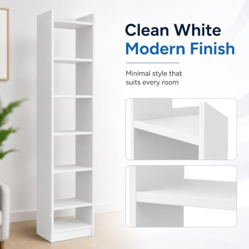 Image of FURLAY SlimTower 180 cm Tall Bookshelf, White 6-Tier Slim Open Shelf Organizer, Space Saving Book Rack for Bedroom, Study Room, Living Room, Office, Kids Room & Decor Storage (FWBS7L-White)