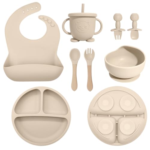 Baby Led Weaning Supplies, 8 Piece BPA-Free Silicone Feeding Set, Silicone Suction Bowl, Forks & Spoons, Bib & Cup, Develops Self Feeding Skills, Dishwasher Safe, for 6+ Months (Beige)