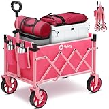Sekey Wagon Cart with Wheels with 220LBS Capacity,Heavy Duty Wagon Carts Foldable with Drink Holders,Lightweight Utility Portable Cart for Grocery, Shopping, Garden, Camping. Pink