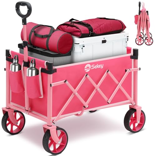 Sekey Wagon Cart with Wheels with 220LBS Capacity,Heavy Duty Wagon Carts Foldable with Drink Holders,Lightweight Utility Portable Cart for Grocery, Shopping, Garden, Camping. Pink