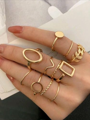 11pcs/Set Geometric Leaf Design Joint Rings Set For Women, Creative Fashion
