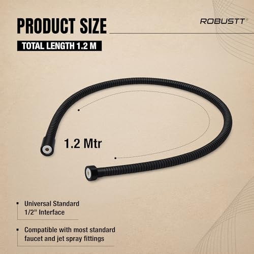 Image of Robustt Premium 304 Stainless Steel Jet Spray Hose Pipe for Toilet (Black), 1.2m Flexible Hose Pipe with Anti Corrosion Finish, Hand Shower Pipe, Universal G1 /2 Fittings, High Pressure Faucet Pipe