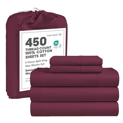 Image of LANE LINEN Split King Sheet Sets for Adjustable Beds - 5 PCs, 450 Thread Count Split King Sheets Set - Sateen Weave King Split Sheets - Split Top King Sheets Set for Adjustable Bed - Windsor Wine