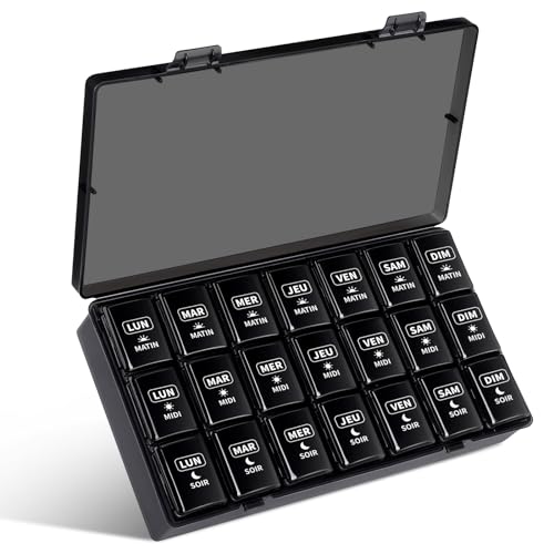 Opret Pilulier Semainier Français 7 Jours 21 Compartiments 3 Fois Multicolores Pilulier Hebdomadaire Boîte à Medicaments (Noir)