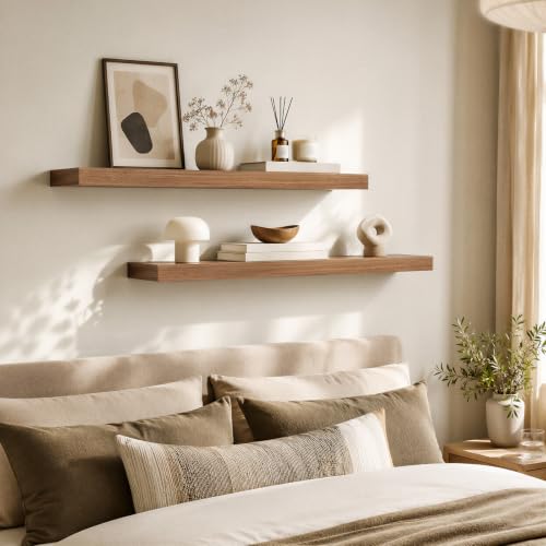 Image of HOOBRO 31.5 inch Floating Shelves for Wall, Set of 2 Wall Mounted Shelf | Hanging Shelf with Invisible Brackets, for Wall Decor Storage in Bathroom Bedroom Kitchen Living Room Office, Walnut