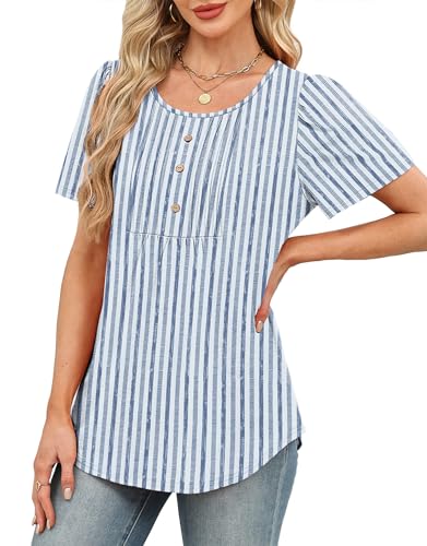 Image of Womens Tops Dressy Casual Blouses Short Sleeve Shirts Plus Size Fashion Clothing Spring Summer Outfits Button Pleated Front