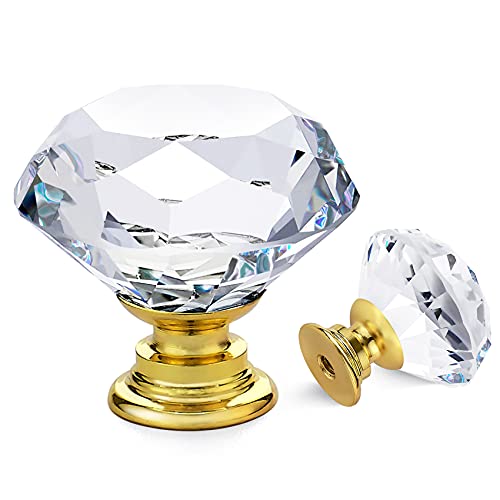 Ravinte Kristallknäufe für Kommoden, Schubladen, Glas, Schrankknöpfe, Diamantform, 30 mm, mit goldfarbener Basis, 15 Stück Cover
