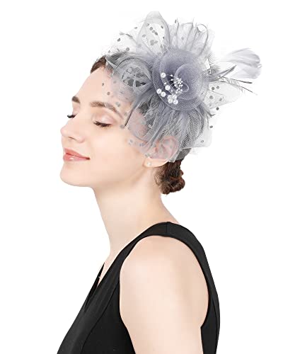 Fascinators Hat Flower Cocktail Lace Mesh Feathers Headband Clip For Women Tea Party Wedding Vintage Derby Hats-Grey-01 #TOP1