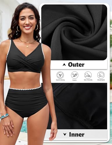 UMIPUBO Women's Bikini Set Two Piece Swimsuit High Waisted Push Up V Neck Ruched Tummy Control Swimwear Ladies Bathing Swimming Suit(Black,XL) - Image 3