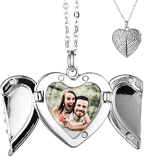 TOFBS Locket Necklace Heart Angel Wings Personalized Photo Image Memory Pendant Necklace Picture Customised Necklace Gifts for Women Girls Mom Girldfriend Wife