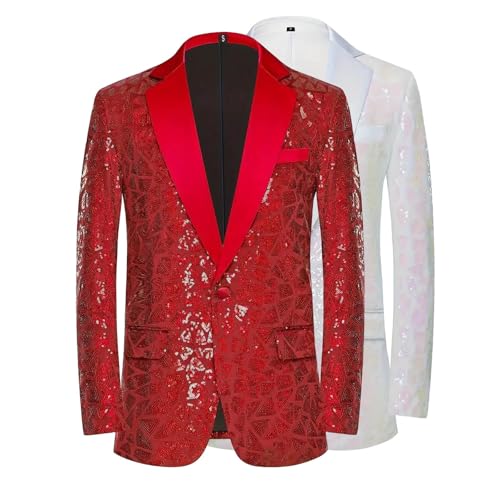 Mens Sequin Tuxedo Jacket Slim Fit Shawl Lapel Long Sleeve Blazer One Button Shiny Suit Jackets for Party Prom Dinner