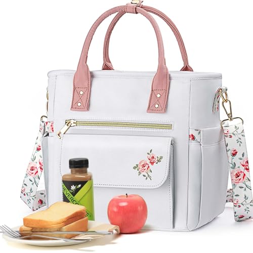 Hihealer Sac Repas Isotherme Femme avec Motif Floral Unique - Grand Sac Étanche à Plusieurs Poches avec Bandoulière Amovible pour Travail/Pique-Nique/Cadeau Femme (Rose, Standard 11 L)