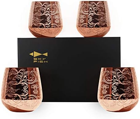 Sky Fish Stemless Stainless Steel Etching Wine Glasses,18 oz Copper Plated,Set Of 4