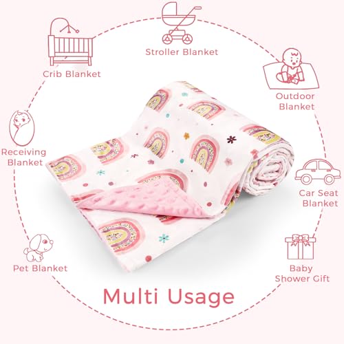 Image of Pea Pod Baby Girls Blanket Soft Rainbow Minky Blanket for Newborn, 30'' x 40'' Double Layer Design, Dotted Backing Warm Baby Quilt Crib Blanket for Nursery /Stroller /Toddler Bed /Baby Car Seat