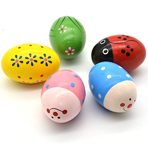 Hayder 5 Pack Wooden Easter Eggs Shakers Maracas Percussion Musical for Party Favors Classroom Prize Supplies Basket Stuffers Fillers Easter Gifts for Children