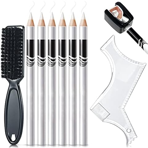 NewBang 8 Pieces White Barber Pencil Set Edge Hairline Razor Trace Pencils Beard Guide Beard Hairline Outliner and Beard Shaping Pencils(6pcs Barber Pencils with Built-in Sharpener,Brush and Ruler) Cover