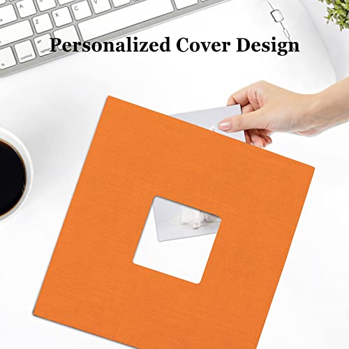 AKOFIC Selbstklebende Fotoalbum, 28x27 cm Großes Leinen Einsteckalbum mit 40 Weißen Seiten und Fensterausschnitt, Photo Album zum Selbstgestalten für 4 x 6 zoll oder 8 x 10 zoll Foto (Orange)