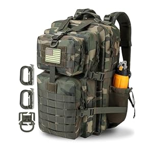 45L MOLLE Assault Backpack, Tactical Backpack Military Army Camping Rucksack with Bottle Holder, 3-Day Pack Trip w/USA Flag Patch, D-Rings, US Woodland