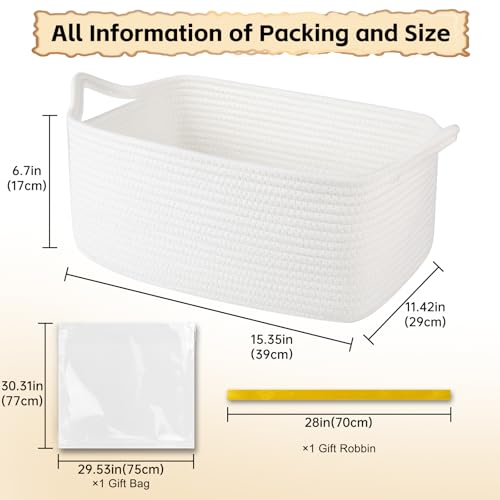 Image of OIAHOMY 19L Woven Basket, Gift Basket Empty with Gift Bags and Ribbons, Rope Baskets for Baby Showers, Storage Baskets with Handles for Nursery, Pet Toy Organizer - White
