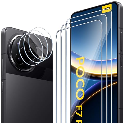 ELYCO Cristal Templado para Xiaomi POCO F7 Pro/POCO F7 Ultra 5G, 3 x Protector de Pantalla + 3 x Protector de Lente Cámara, 9H Dureza Anti-Rasguños, Sin Burbujas HD Transparente Vidrio Templado