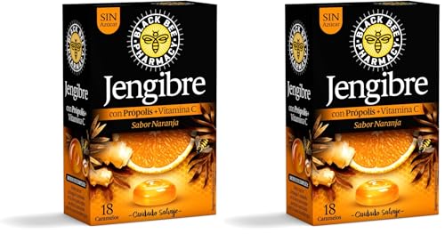 Black Bee Caramelos de Jengibre con Própolis y Vitamina C, Sabor Naranja, Sin azúcar, 18 caramelos (Paquete de 2)