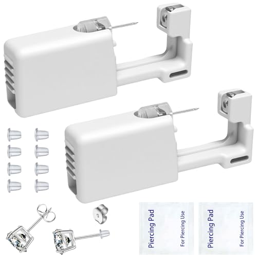 Ear Piercing Kits Disposable Ear Piercing Gun Kits No Pain Easy Use Ear Piercing Gun Kit Tool with Multi-Sized Gold Silver CZ Earring Studs (Silver- Black)