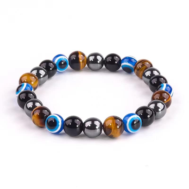 Image of Evil Eye Bracelet for Men Women - Triple Protection Bracelet - Tiger Eye and Black Obsidian Chakra Energy Healing Bracelet - 8mm Beads Good Luck Prosperity and Happiness Crystal Jewelry Stone