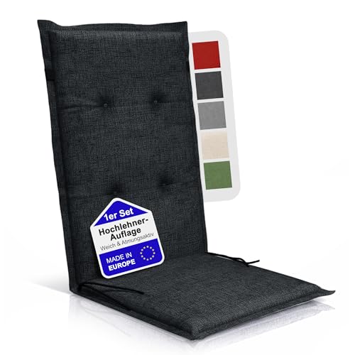 BI International Relexo Premium - Hochlehner Auflage Gartenstuhl Stuhlauflage mit Polster Outdoor Sitzkissen & Stuhlkissen für Gartenmöbel Auflage wetterfest Sitzkissen bequem (Schwarz 1er Set)
