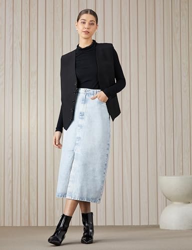 Image of Amazon Brand - Symbol Women's Cotton A-line Denim Skirt (High Rise | Midi Length) (Available in Plus Sizes)