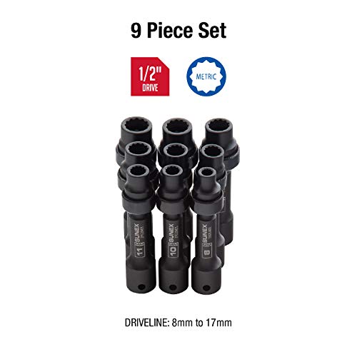 Sunex 2695, ½ Inch Drive Driveline Limited Clearance Socket Set, 12-Point, 9-Piece, Metric, 8Mm-17Mm, Cr-Mo Steel, Heavy Duty Storage Case #TOP1