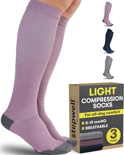 Best Lightweight Compression Socks for Comfort & Circulation 15 STEPWELL Light Compression Socks for Women & Men - 3 Pairs | Gray, Blue, Rose | 8-15 mmHg Lightweight Compression Socks Women | Flying, Exercise, Comfort and Support-3P